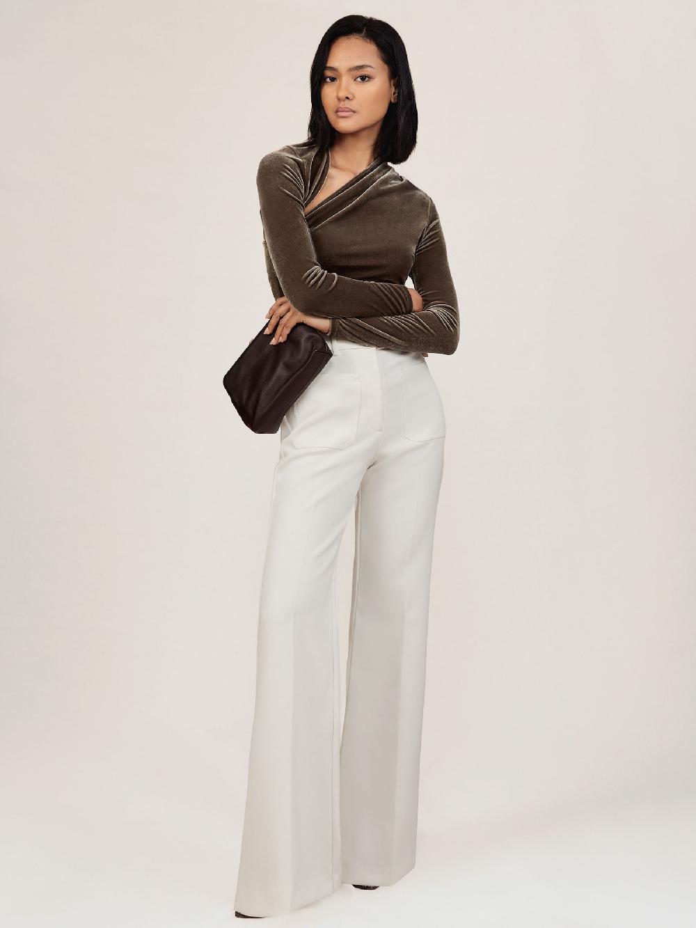 Reiss Velvet Cut-Out Long-Sleeve Top In Mocha Brown