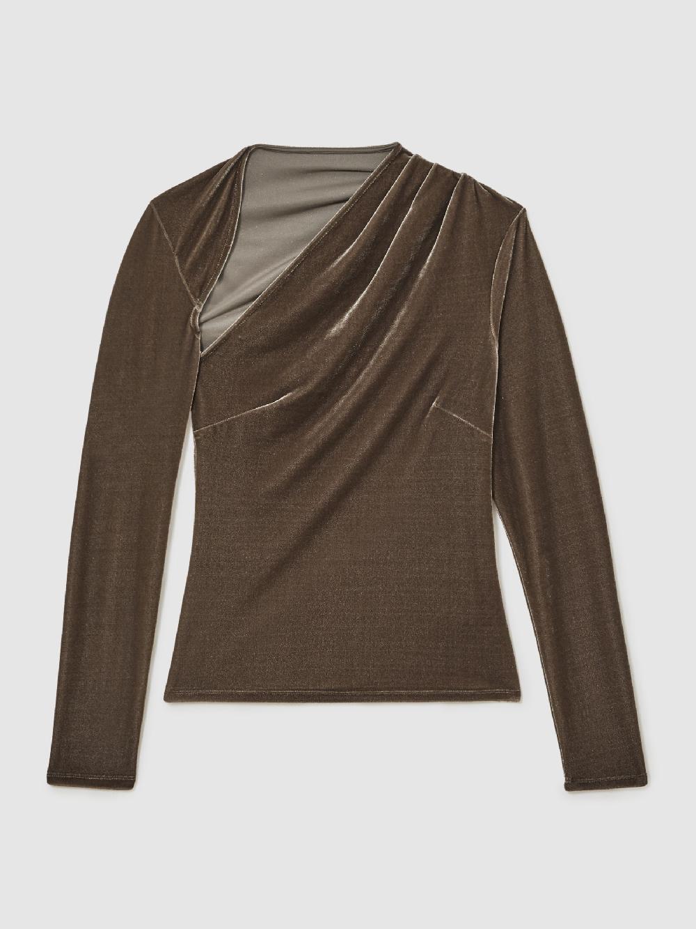 Reiss Velvet Cut-Out Long-Sleeve Top In Mocha Brown