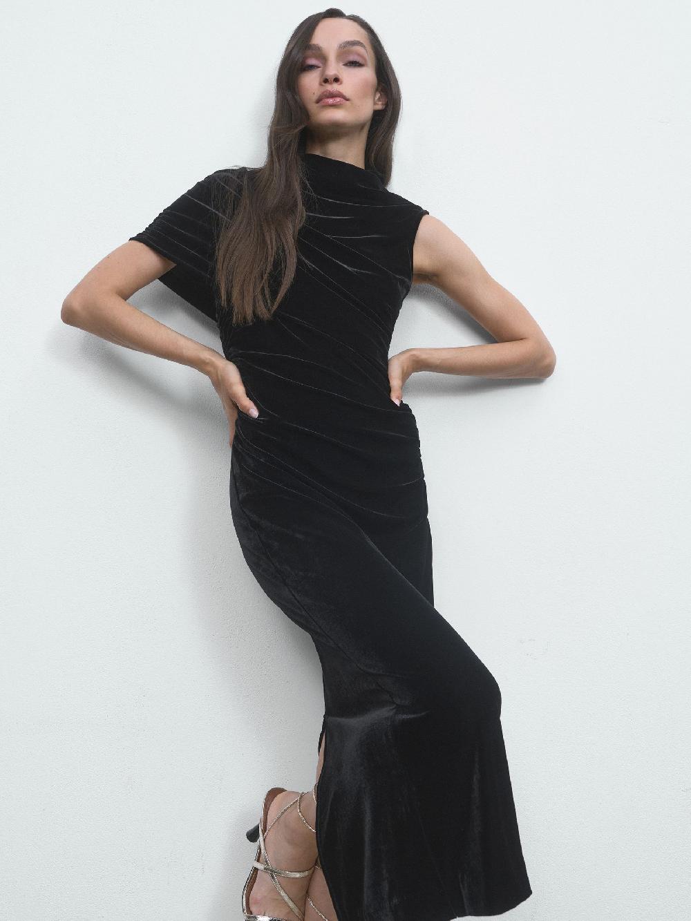 Reiss Velvet Draped-Neck Ruched Midi Dress In Black