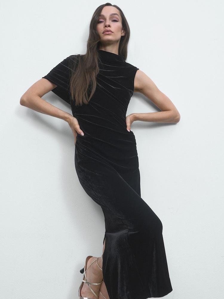 reiss Velvet Draped-Neck Ruched Midi Dress in Black