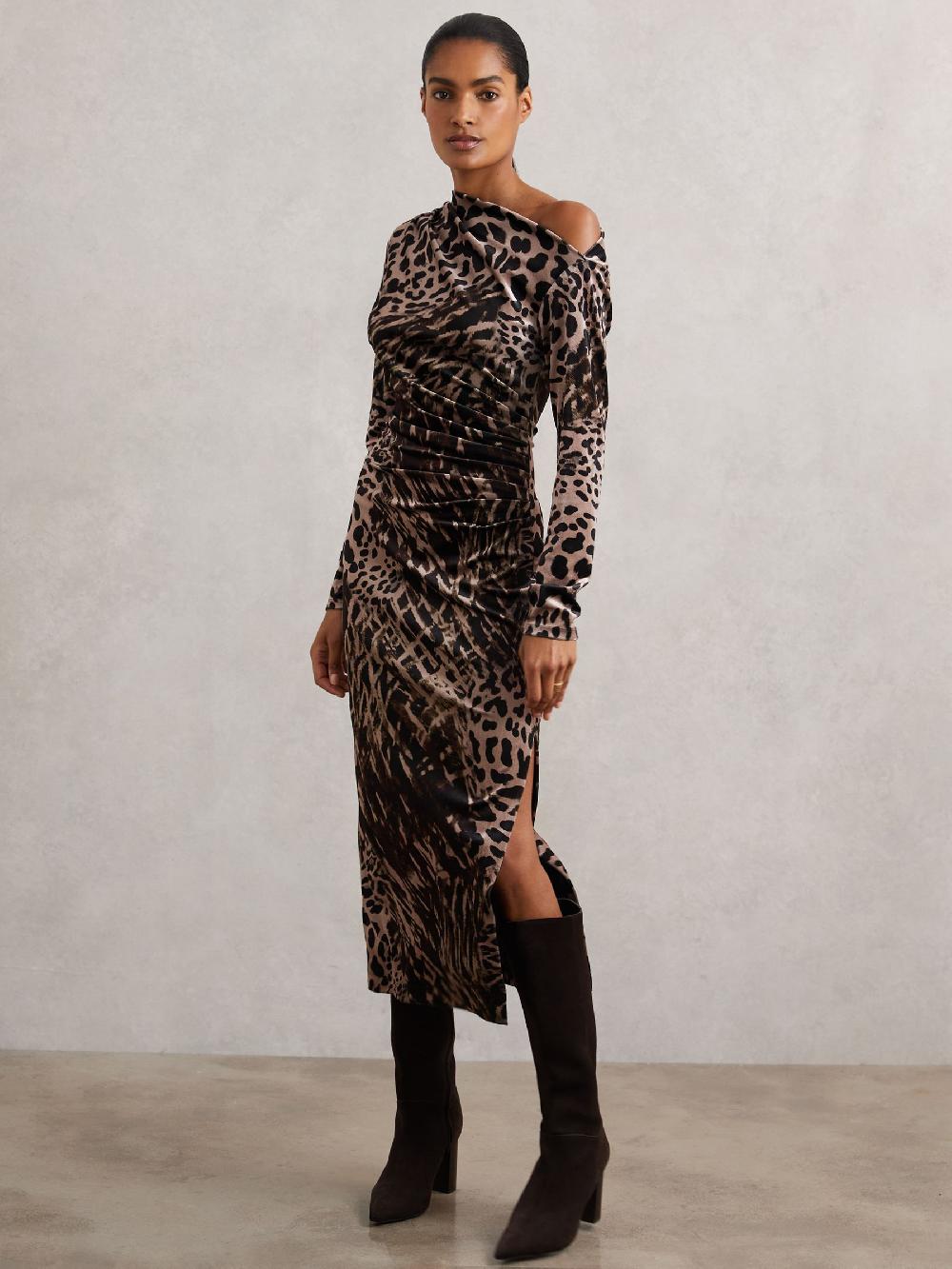 Reiss Velvet Leopard-Print Midi Dress In Black/Brown