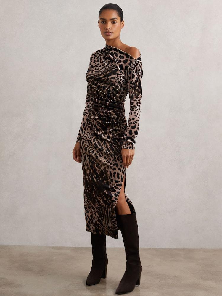 reiss Velvet Leopard-Print Midi Dress in Black/Brown