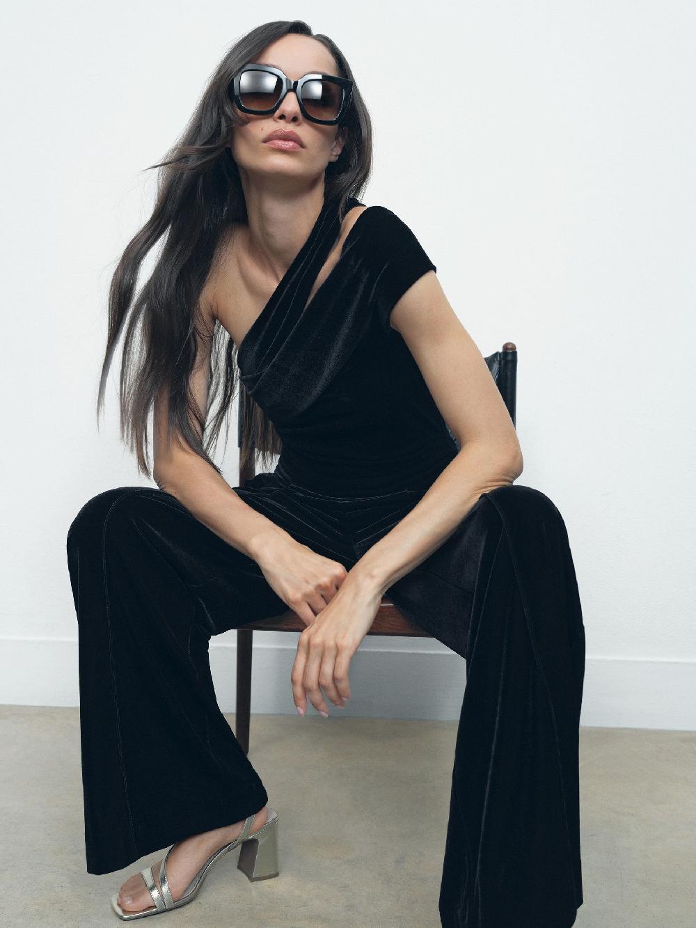 Reiss Velvet One-Shoulder Wide-Leg Jumpsuit In Black