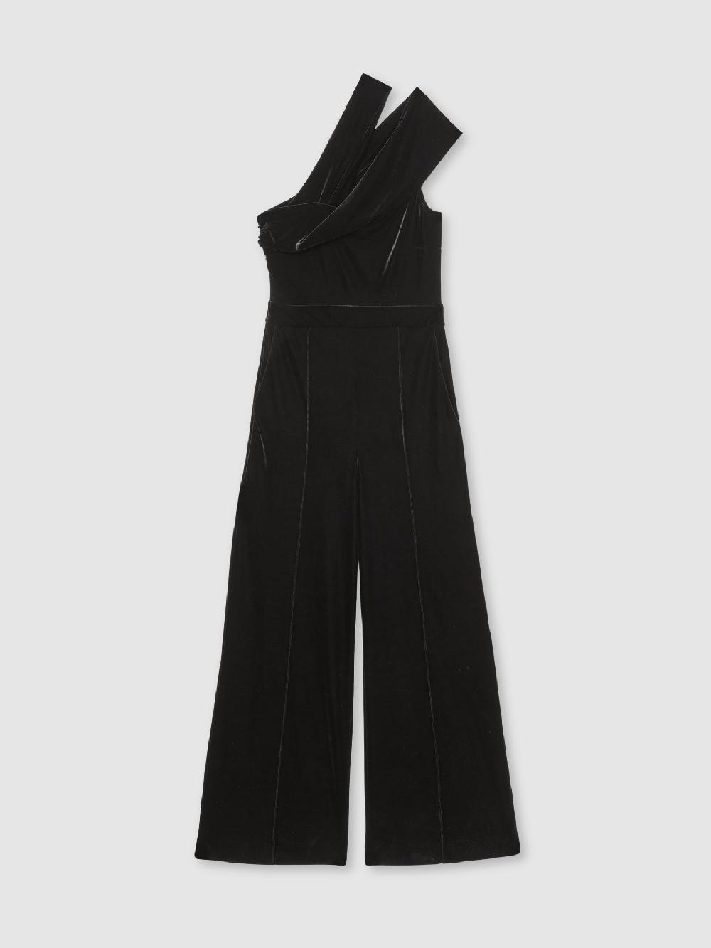Reiss Velvet One-Shoulder Wide-Leg Jumpsuit In Black