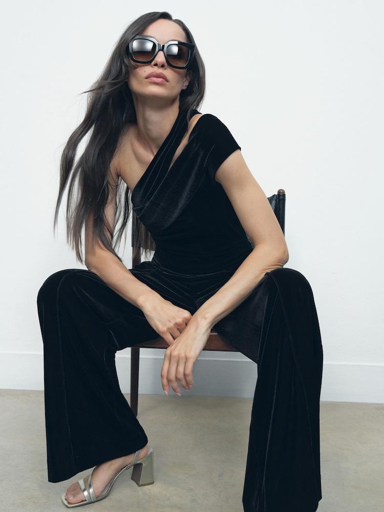 reiss Velvet One-Shoulder Wide-Leg Jumpsuit in Black