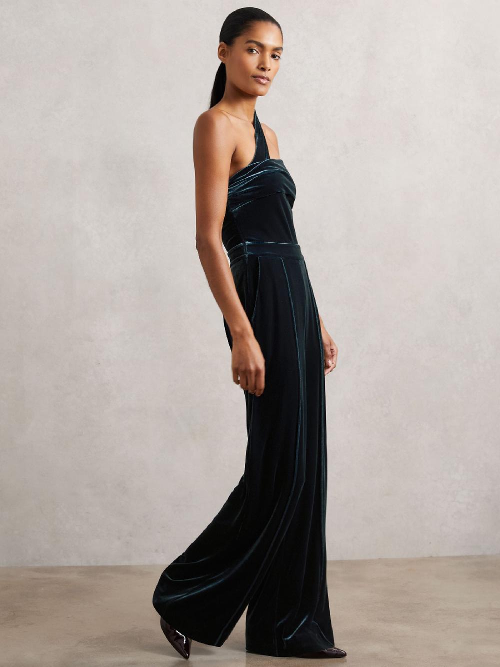Reiss Velvet One-Shoulder Wide-Leg Jumpsuit In Teal Green