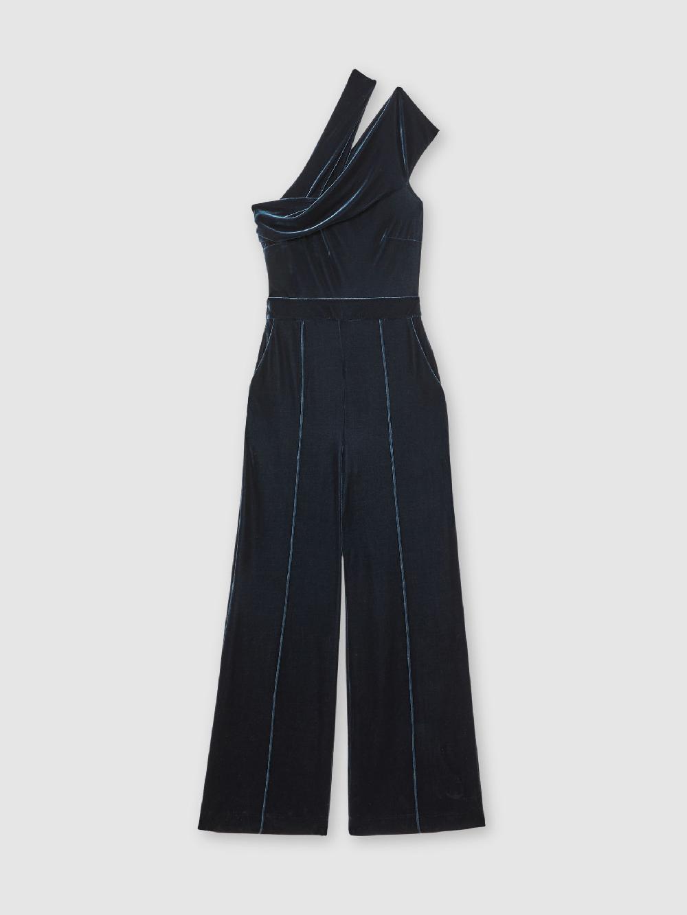 Reiss Velvet One-Shoulder Wide-Leg Jumpsuit In Teal Green