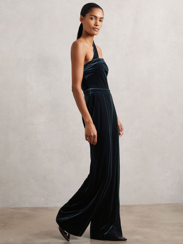reiss Velvet One-Shoulder Wide-Leg Jumpsuit in Teal Green