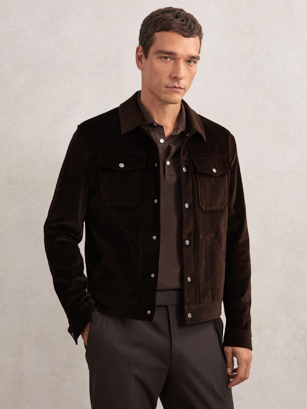 Reiss Velvet Press-Stud Trucker Jacket In Chocolate Brown
