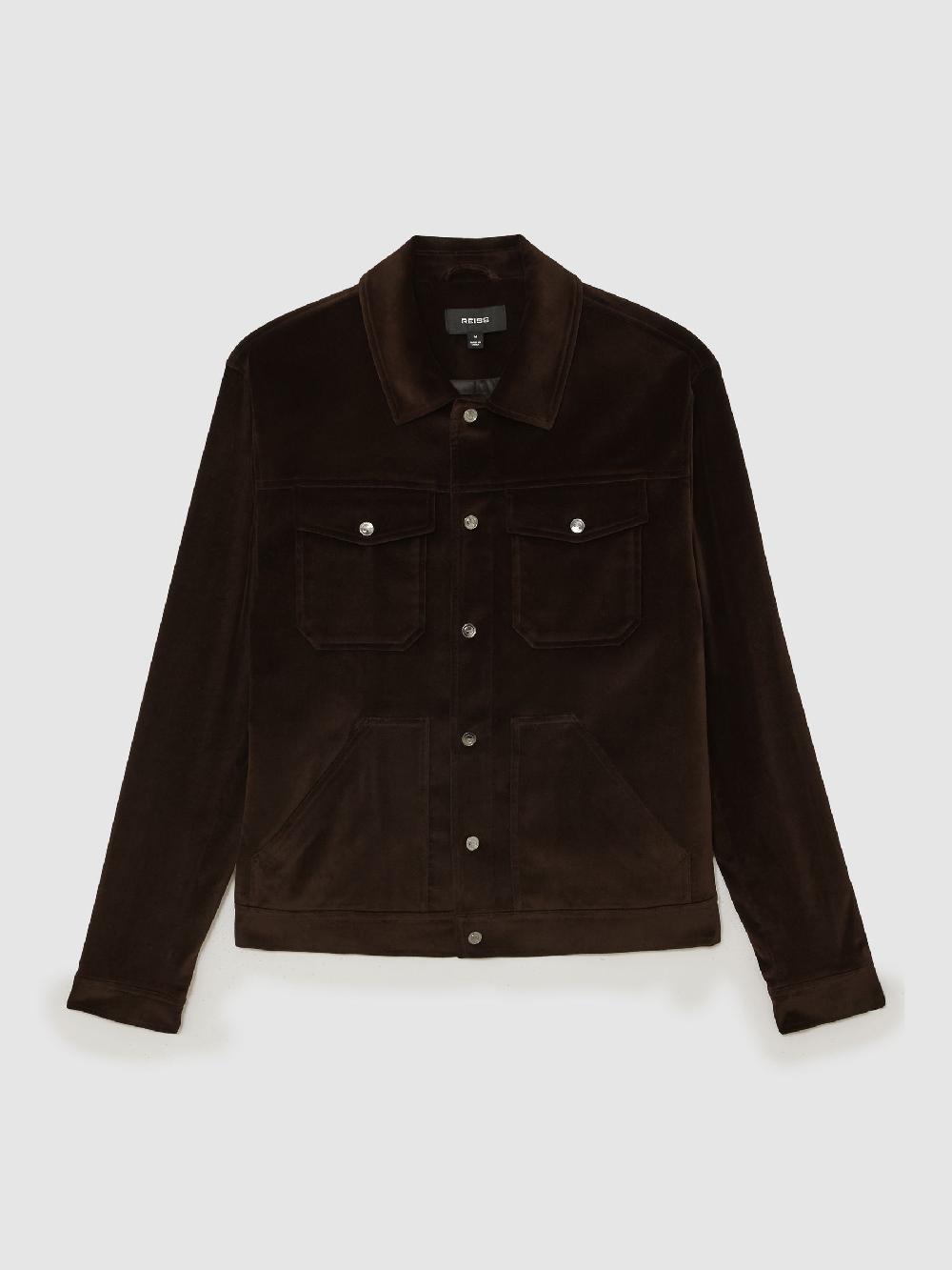 Reiss Velvet Press-Stud Trucker Jacket In Chocolate Brown