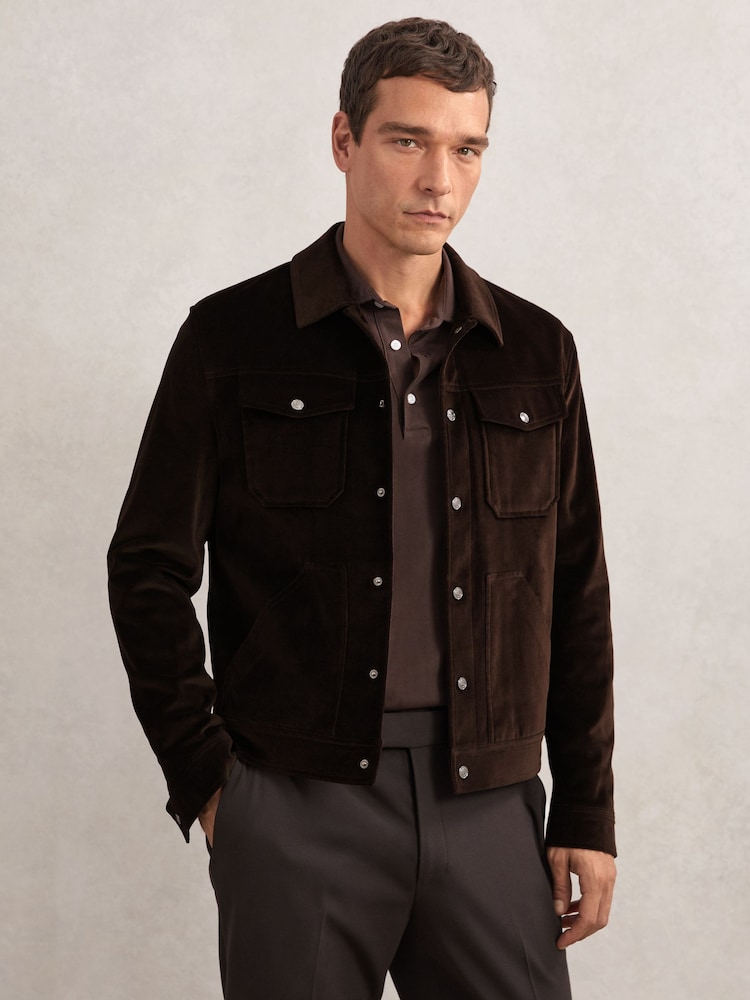 reiss Velvet Press-Stud Trucker Jacket in Chocolate Brown