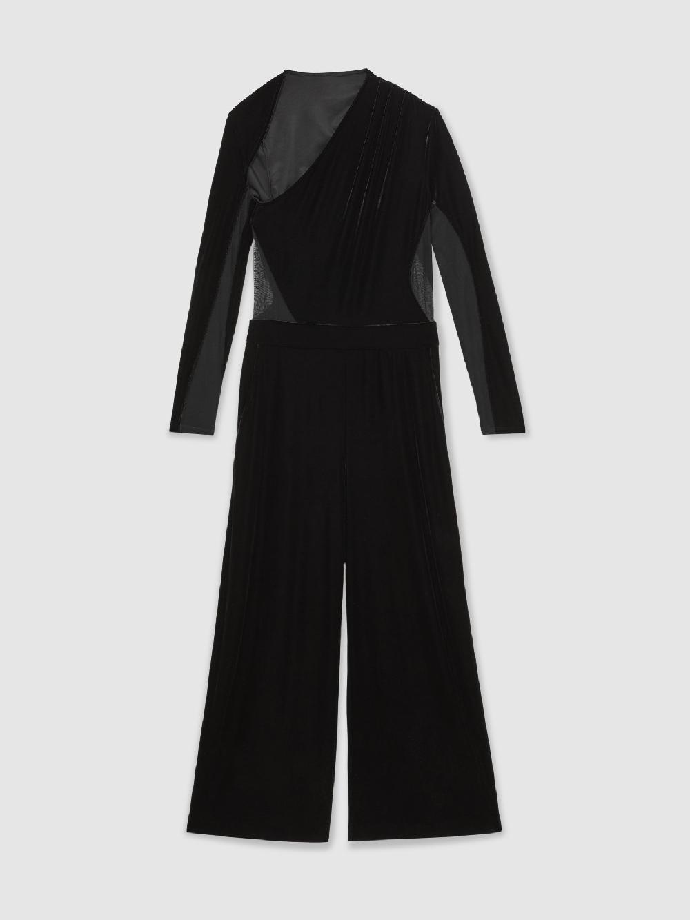 Reiss Velvet Sheer-Panel Wide-Leg Jumpsuit In Black