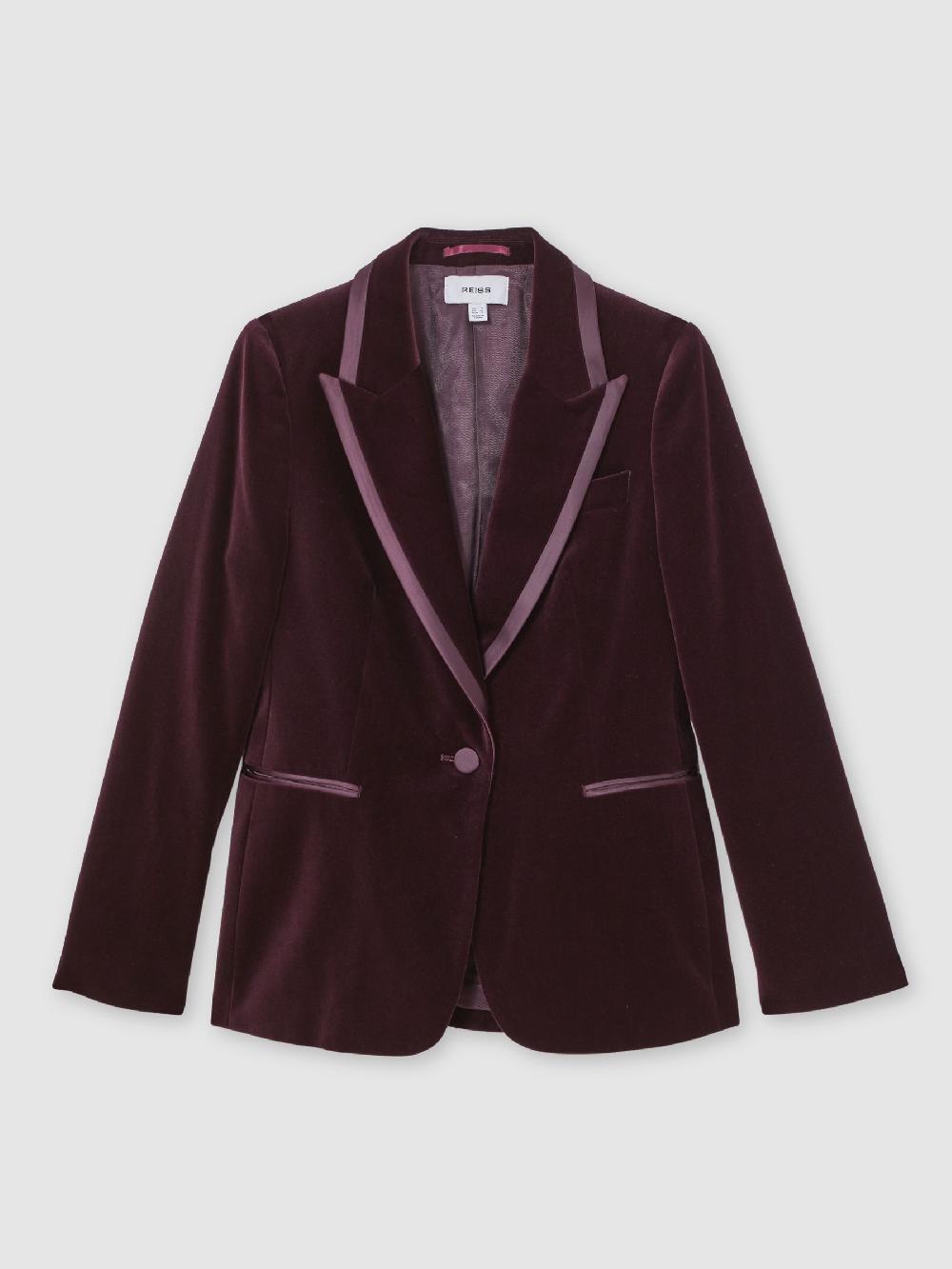Reiss Velvet Single-Breasted Suit Blazer In Burgundy