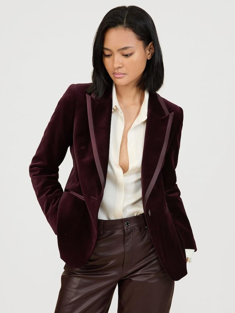 reiss Velvet Single-Breasted Suit Blazer in Burgundy