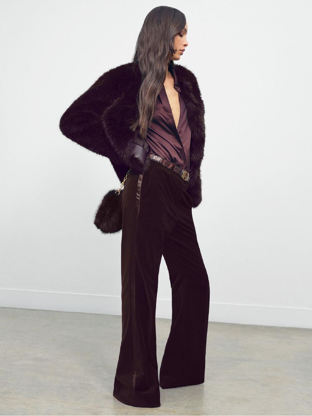 Reiss Velvet Tuxedo-Stripe Flared Trousers In Burgundy