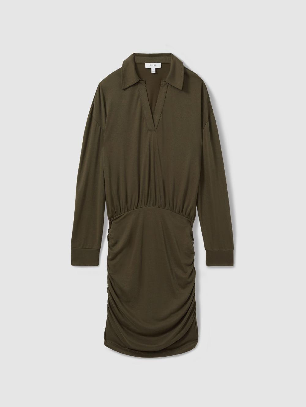 Reiss Victoria Khaki Ruched Jersey Open-Collar Mini Dress