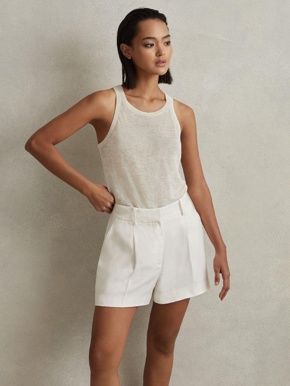Reiss Viscose-Linen Front Pleat Suit Shorts In White