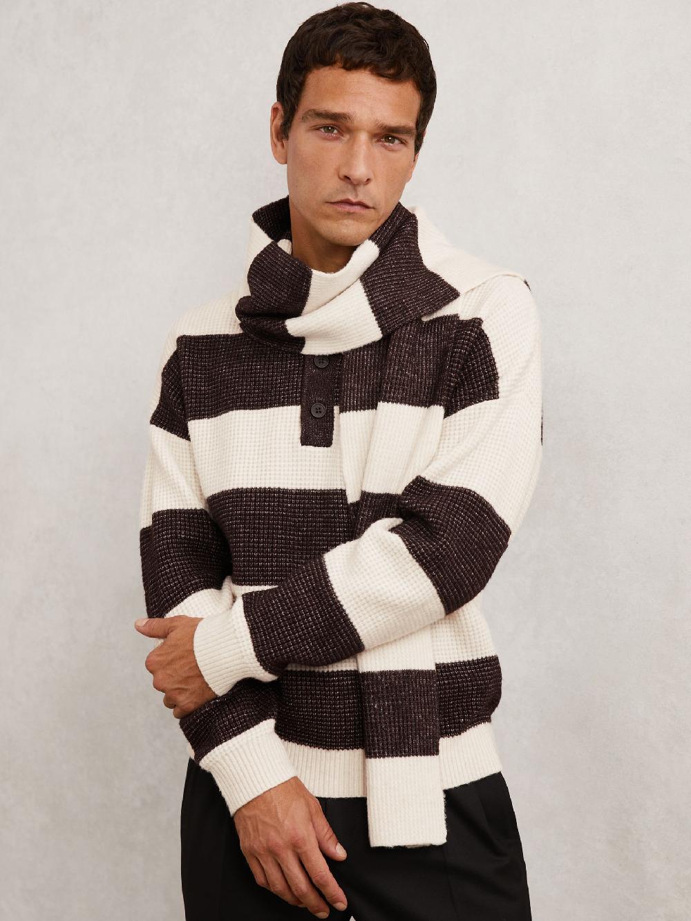 Reiss Waffle-Knit Block-Stripe Scarf With Wool In Chocolate Brown/Off White