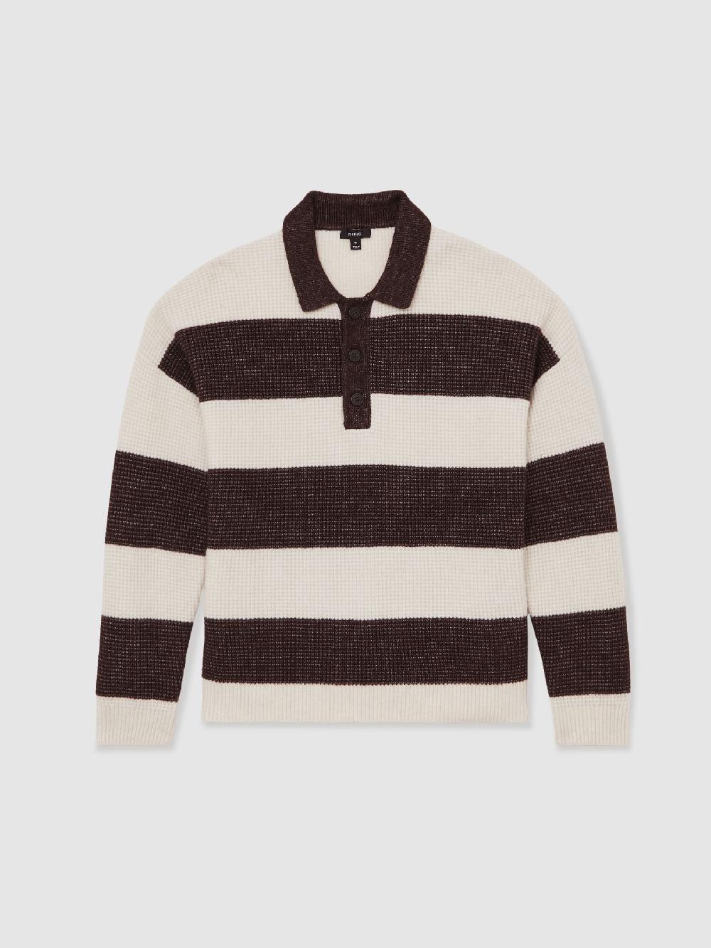 Reiss Waffle-Knit Stripe Half-Button Jumper With Wool In Chocolate Brown/Off White
