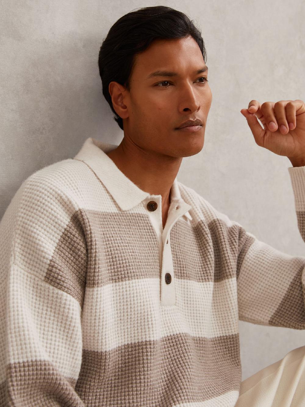 Reiss Waffle-Knit Stripe Half-Button Jumper With Wool In Off White/Putty