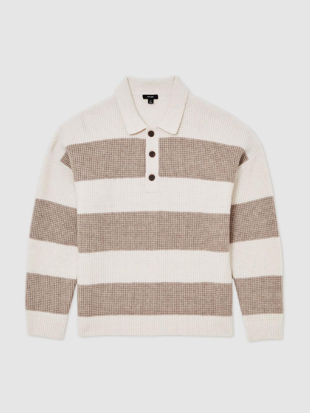Reiss Waffle-Knit Stripe Half-Button Jumper With Wool In Off White/Putty