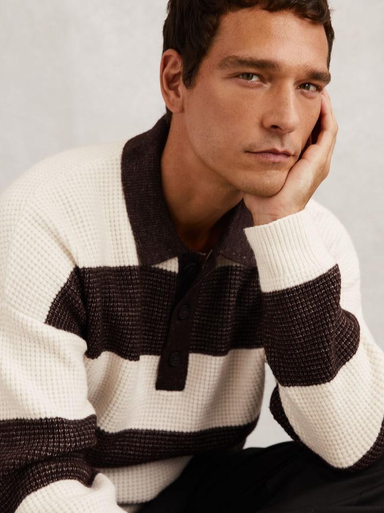 reiss Waffle-Knit Stripe Half-Button Jumper with Wool in Chocolate Brown/Off White