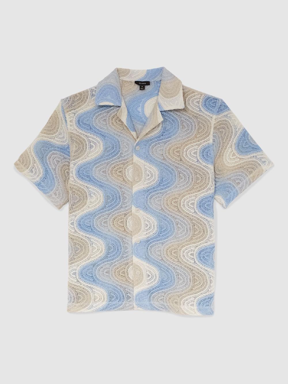 Reiss Wave Crochet Cuban Collar Shirt In Blue Multi