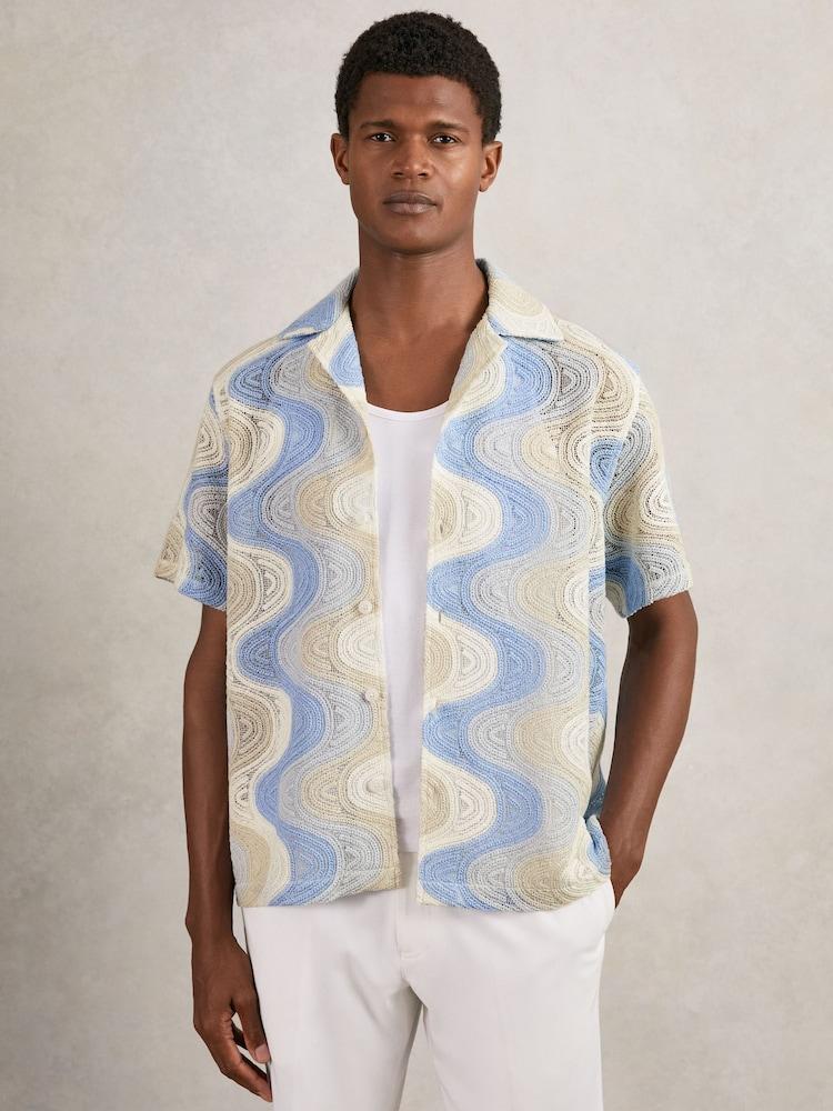 reiss Wave Crochet Cuban Collar Shirt in Blue Multi