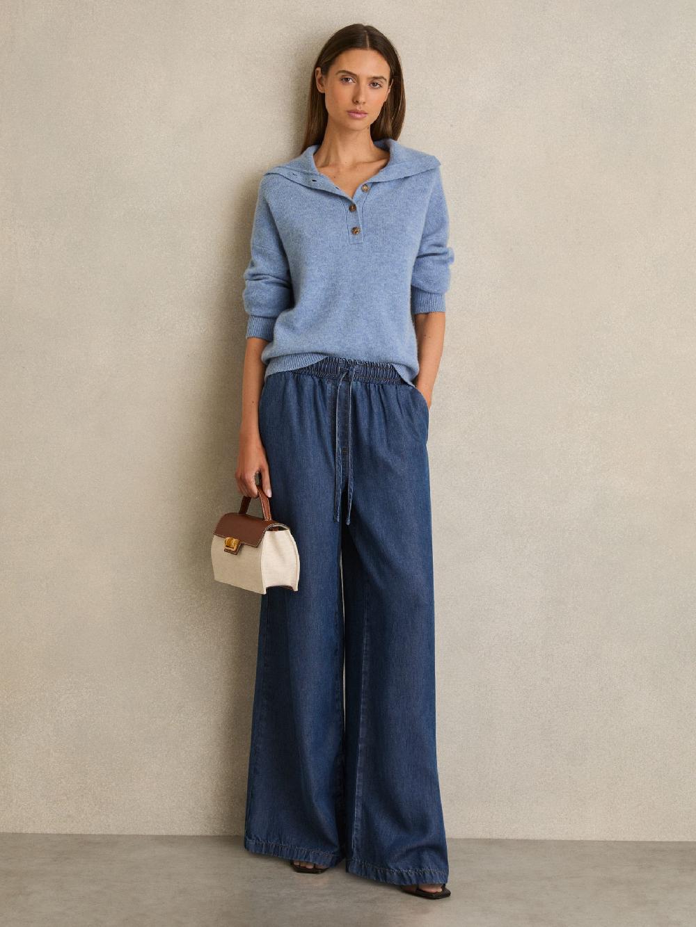 Reiss Wide-Leg Chambray Drawstring Trousers In Mid Blue