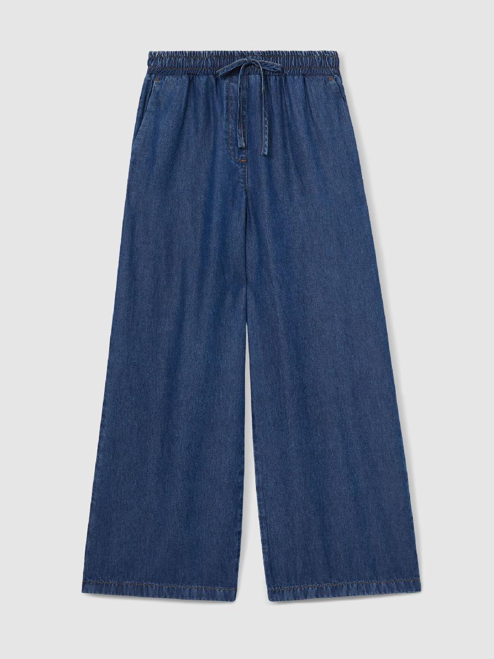 Reiss Wide-Leg Chambray Drawstring Trousers In Mid Blue