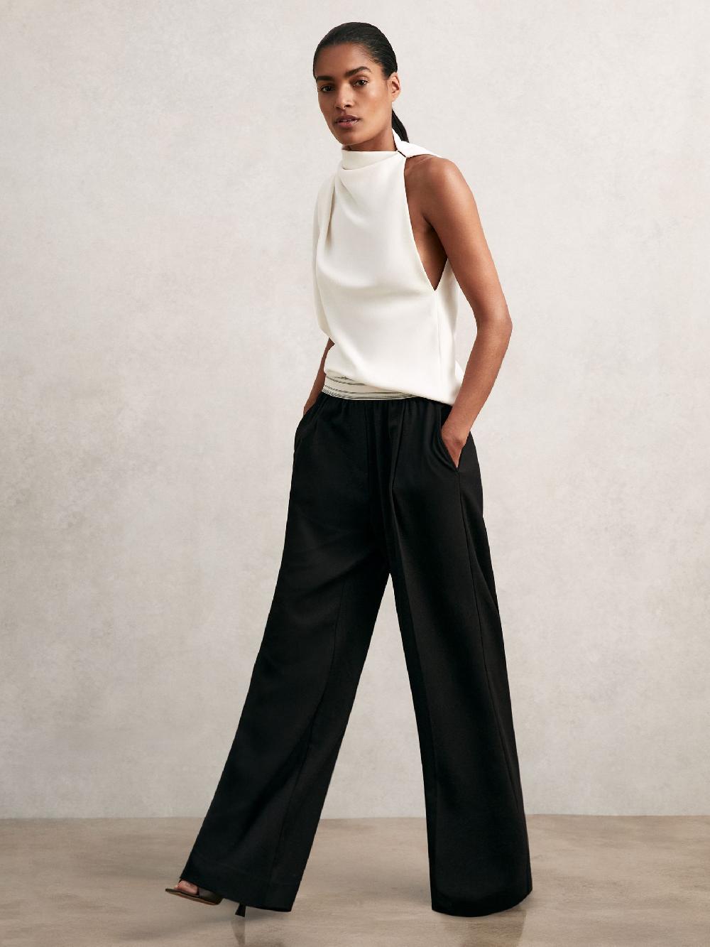Reiss Wide-Leg Contrast-Waistband Trousers In Black