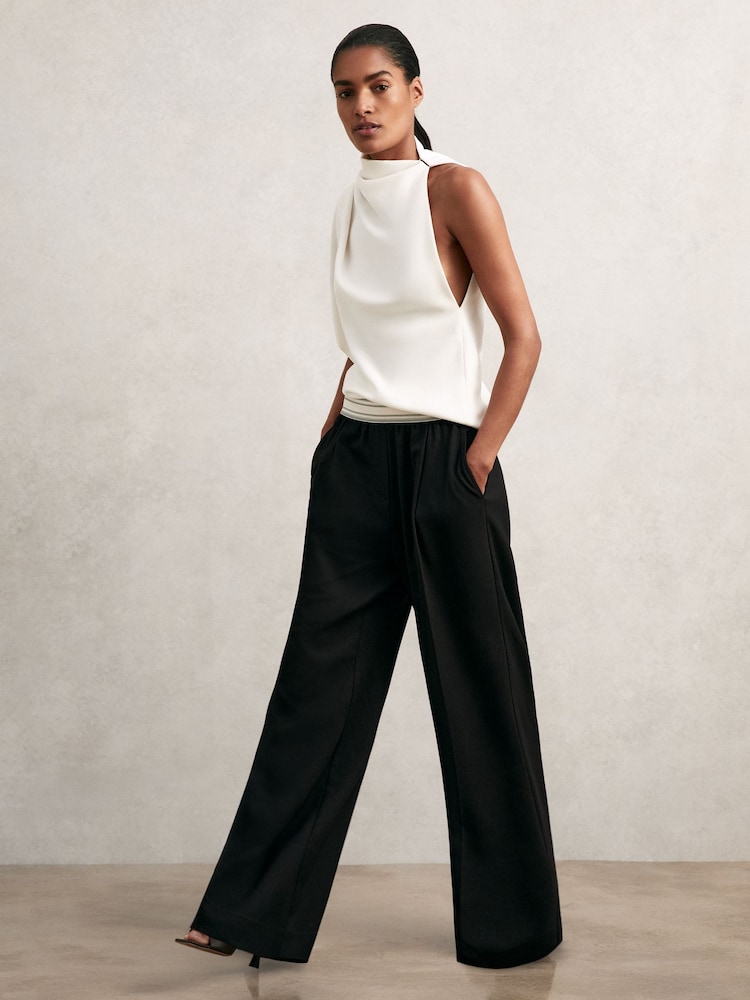reiss Wide-Leg Contrast-Waistband Trousers in Black