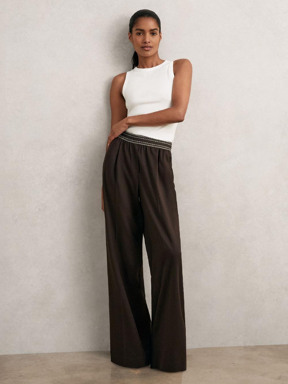 Reiss Wide-Leg Contrast-Waistband Trousers In Chocolate Brown