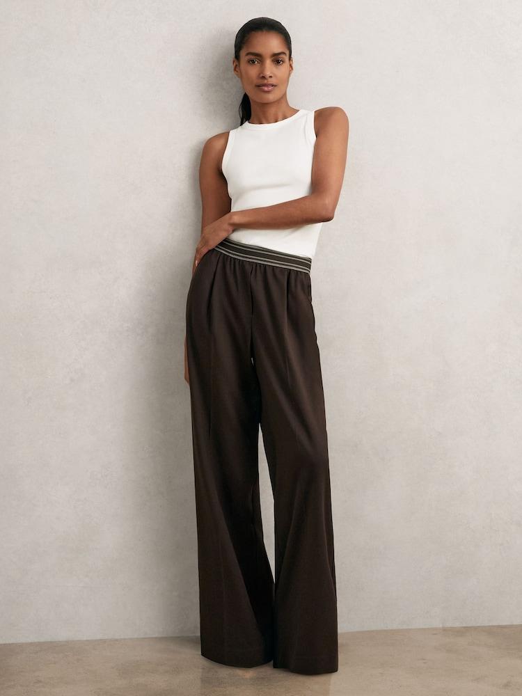 reiss Wide-Leg Contrast-Waistband Trousers in Chocolate Brown
