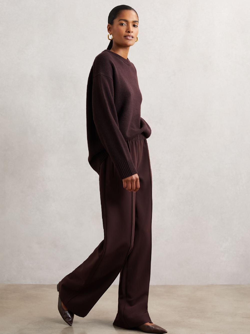 Reiss Wide-Leg Elasticated-Waist Trousers In Burgundy