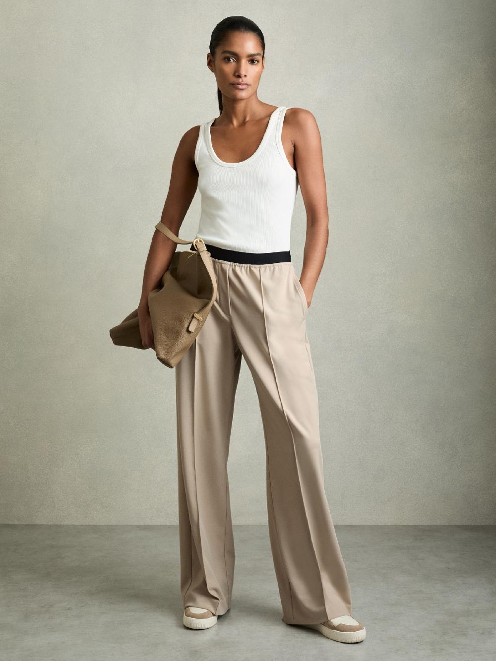 Reiss Wide-Leg Elasticated-Waistband Trousers In Neutral