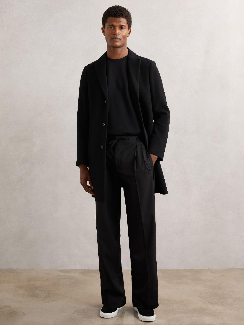 Reiss Wide Leg Pleated Drawstring Trousers In Black