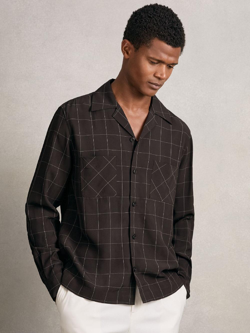 Reiss Windowpane-Check Cuban-Collar Shirt In Dark Brown