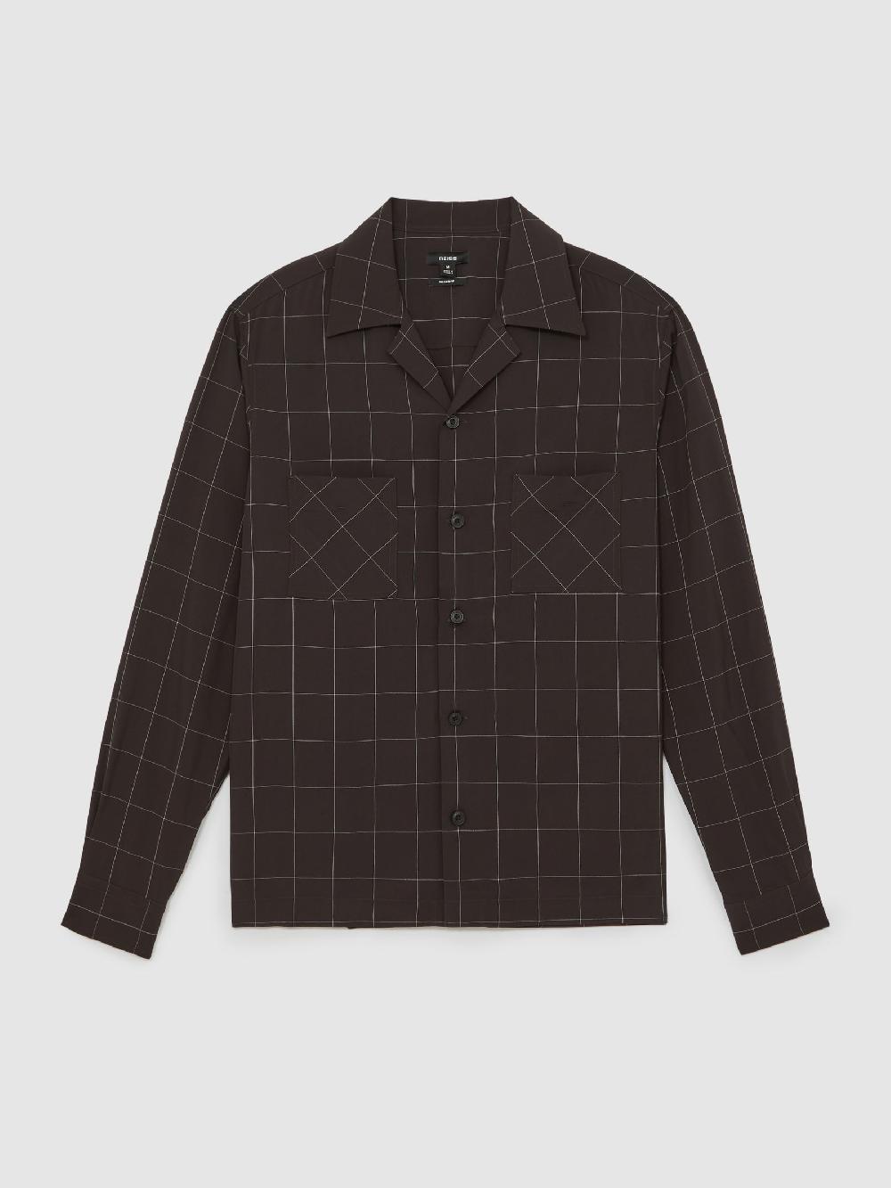 Reiss Windowpane-Check Cuban-Collar Shirt In Dark Brown