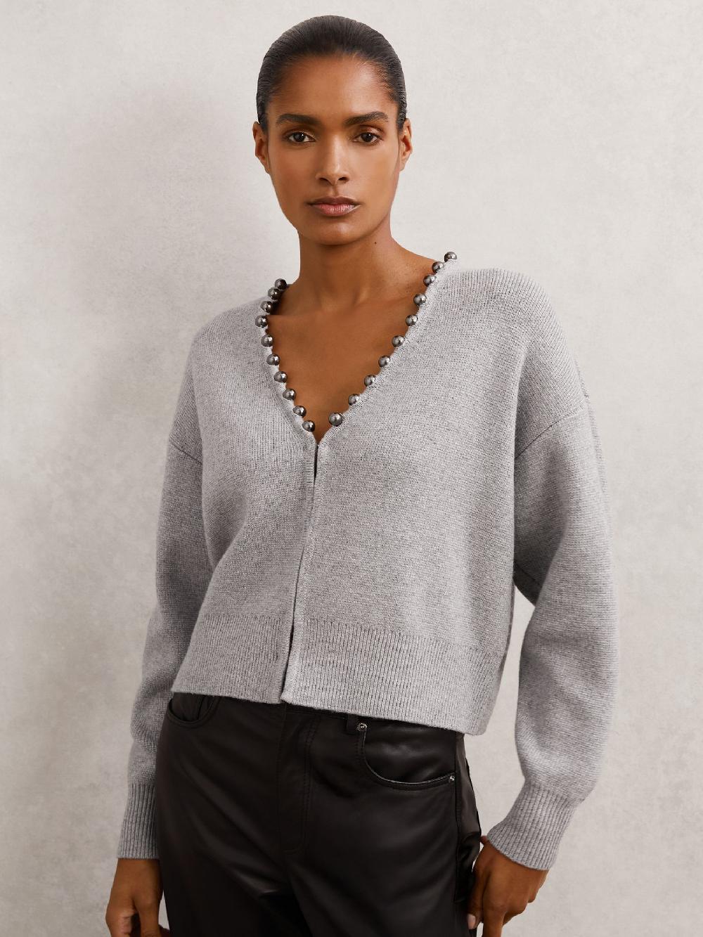 Reiss Wool-Blend Beaded-Trim Cardigan With Cashmere In Grey