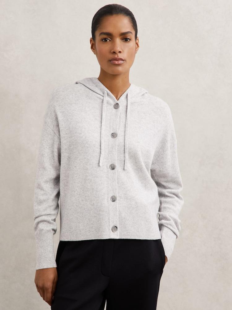 reiss Wool-Blend Button-Through Hoodie with Cashmere in Grey