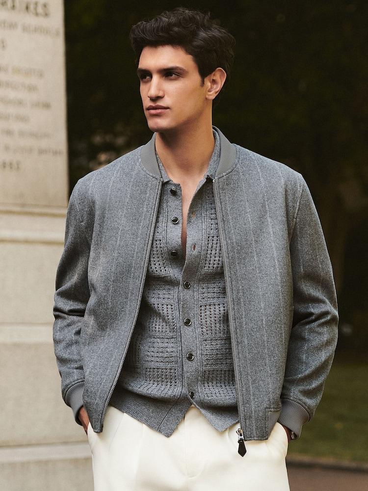 reiss Wool-Blend Chalk-Stripe Bomber Jacket in Grey