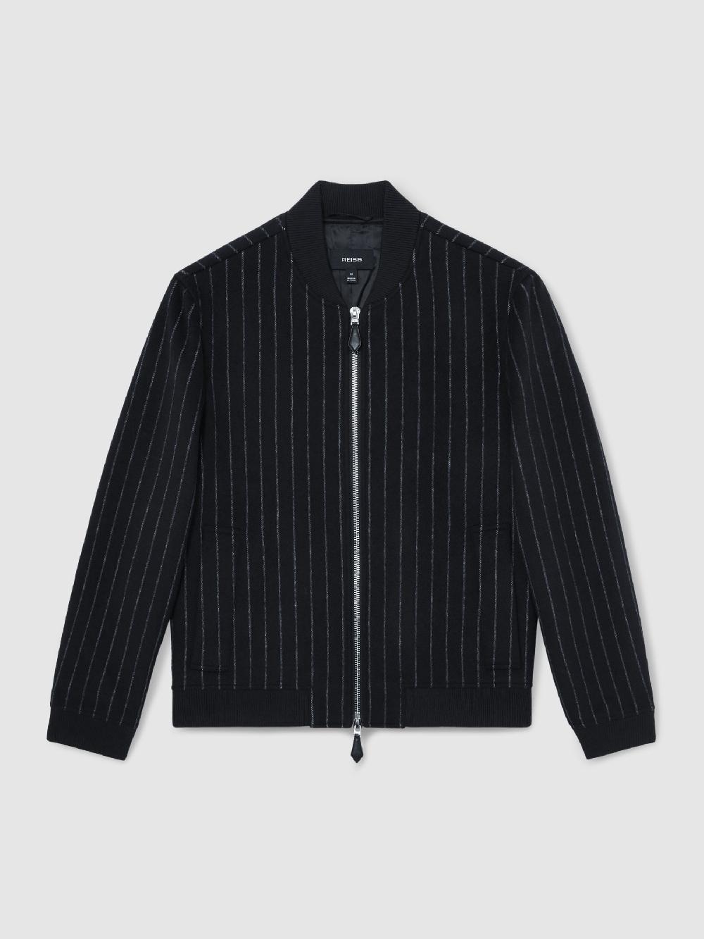 Reiss Wool-Blend Chalk-Stripe Bomber Jacket In Navy