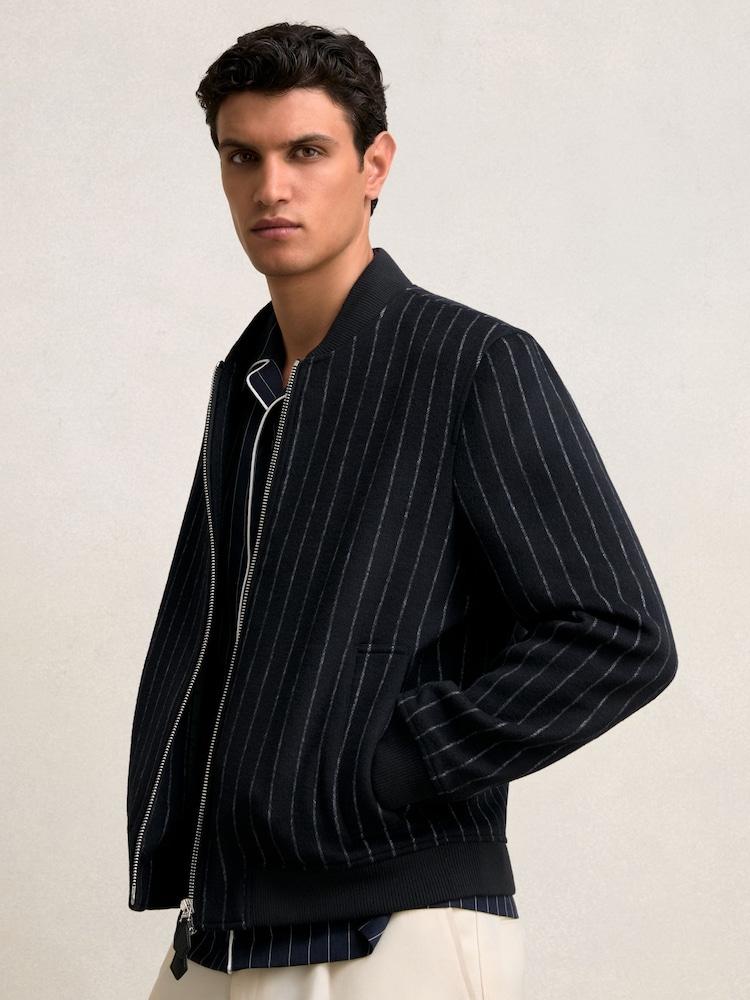 reiss Wool-Blend Chalk-Stripe Bomber Jacket in Navy