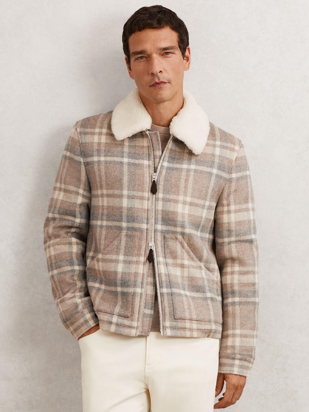 Reiss Wool-Blend Check Fleece-Collar Jacket In Oatmeal Brown