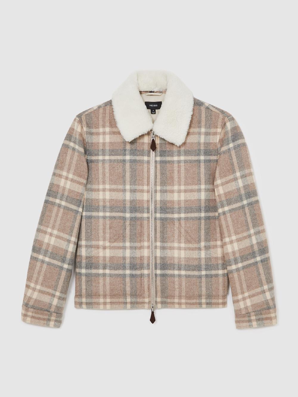 Reiss Wool-Blend Check Fleece-Collar Jacket In Oatmeal Brown