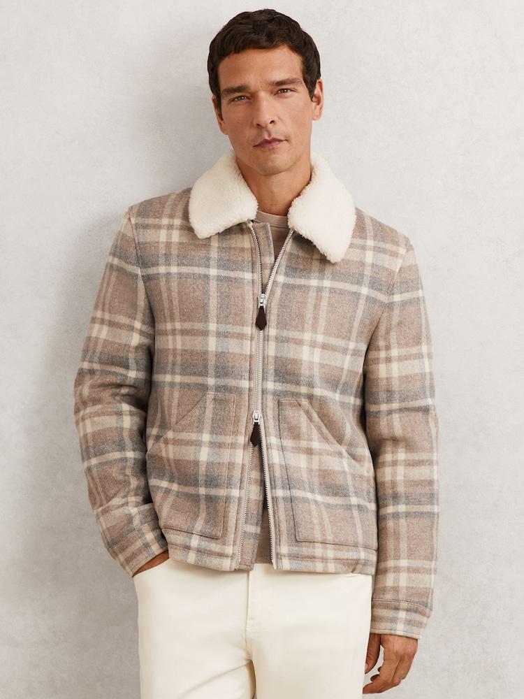 reiss Wool-Blend Check Fleece-Collar Jacket in Oatmeal Brown