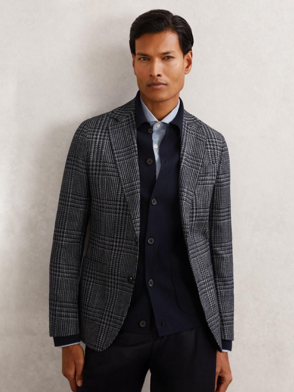 Reiss Wool-Blend Check Single-Breasted Blazer Tailored-Fit In Navy