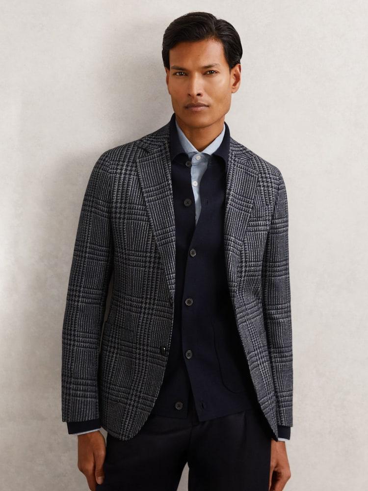reiss Wool-Blend Check Single-Breasted Blazer Tailored-Fit in Navy