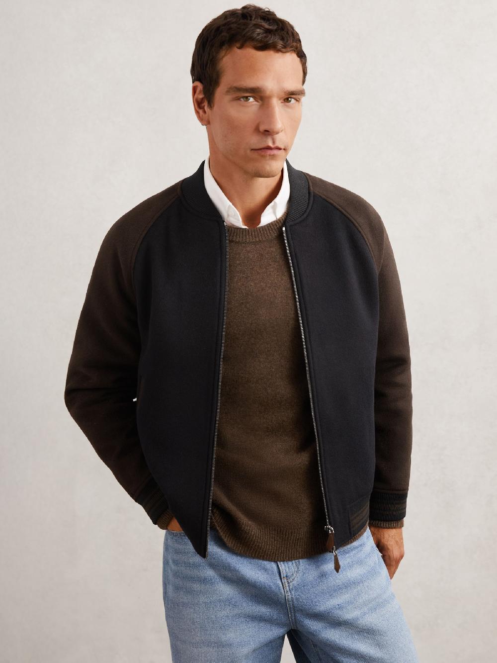 Reiss Wool-Blend Colour-Block Bomber Jacket In Navy/Brown